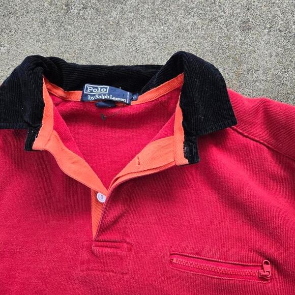 Vtg 90s POLO RALPH LAUREN Plain Cargo Pocket Double Face Polo Shirt Red XL - Picture 3 of 6